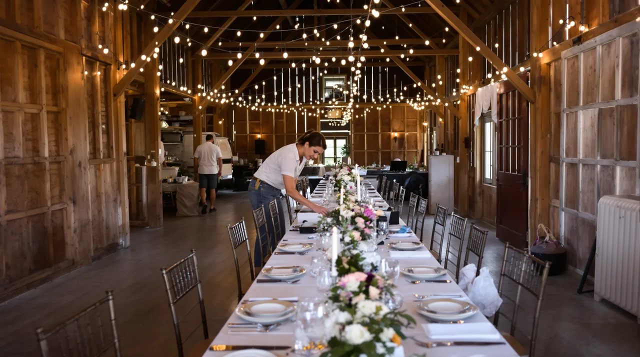 An event planner setting a long table under string lights