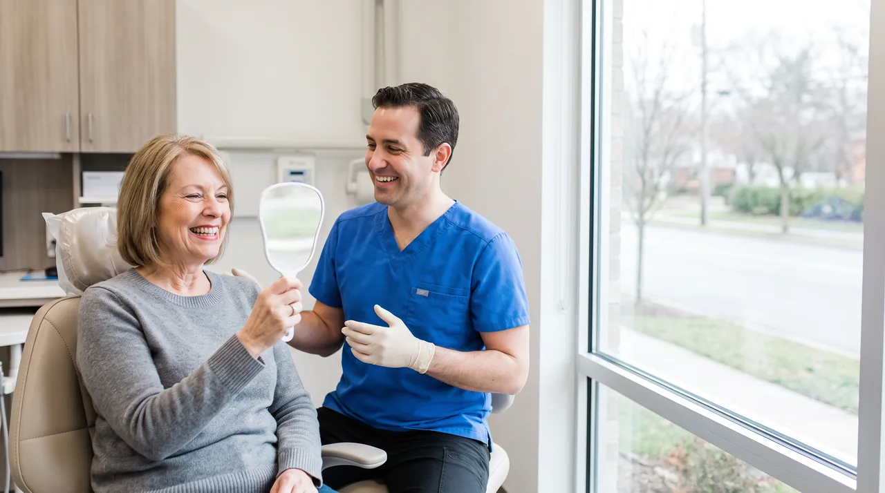 A dentist and a laughing patient in a bright clinic