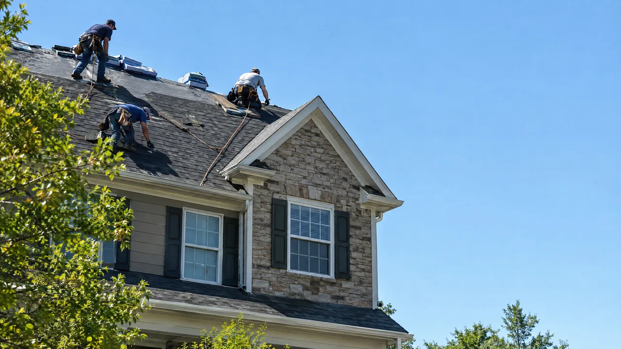 A roofing crew on a roof under a clear sky