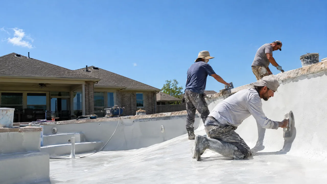 A crew finishing a new backyard pool